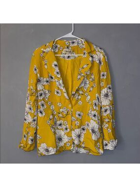Cleobella Anthropologie Yellow Floral Viscose Blouse Button Front Women’s Size S